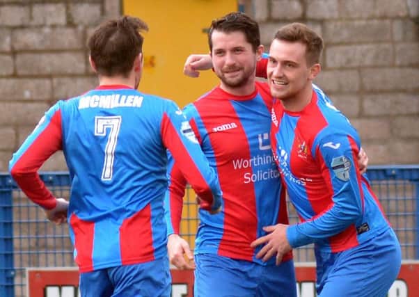 Ards' Kyle Cherry
celebrates after scoring to make it 2-2
 against Ballymena. 
Photo by TONY HENDRON/Presseye.com.