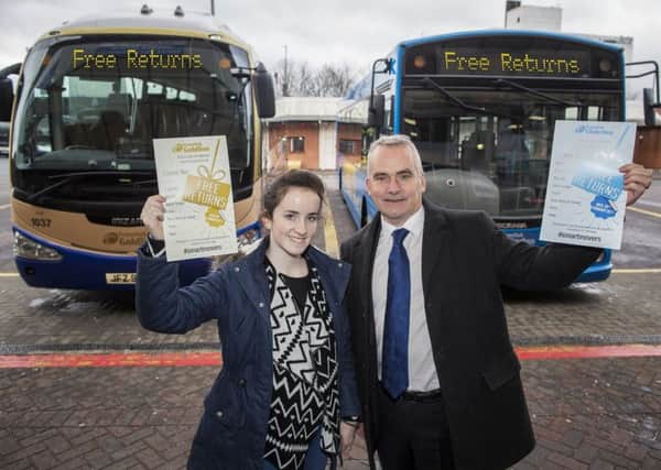 Translink Group Chief Executive Chris Conway and passenger Hannah McCaw announcing free returns Ulster Bus and Goldline for local customers.