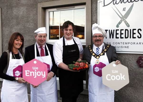 The Mayor of Antrim and Newtownabbey, Cllr John Scott launched the WorldHost Food Ambassador Programme with Daniel Harvey (Daniels at Tweedies), Louise McKinstry (Tourism NI) and Danny Kinahan MP. INNT 02-820CON