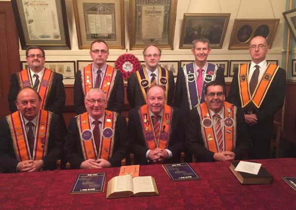 The annual meeting of Stormont LOL 2015 was recently held in The Eldon Room, Clifton Street Orange Hall. The Election was carried out by the Assistant Grand Master of the Grand Orange Lodge of Ireland, Rt. Wor. Bro. Lewis Singleton LLB and Wor. Bro. Dr Jonathan Mattison. The following Officers were elected:-Wor Master: William Humphrey MLA, Deputy Master: Sydney Anderson MLA, Secretary: Stephen Moutray, Treasurer: Robin Swann MLA, Chaplain: Danny Kennedy MLA, Ass Chaplain: Nelson McCausland MLA, Foreman Comm: David McNarry, Inner Guard: William Irwin MLA. At the conclusion of the Lodge meeting the brethren enjoyed a talk and tour of the historic Clifton Street Hall by Curator Bro Ron McDowell PDM, before ending with a superb supper.