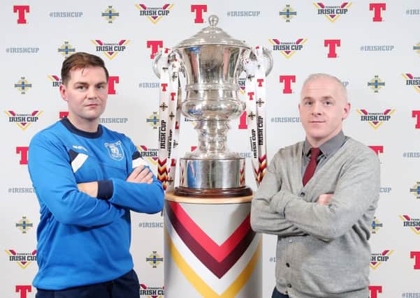 Trojan's manager Paul Higgins with Armagh City manager at the Tennents Irish Cup 5th Round draw at the National Football Stadium at Windsor Park.