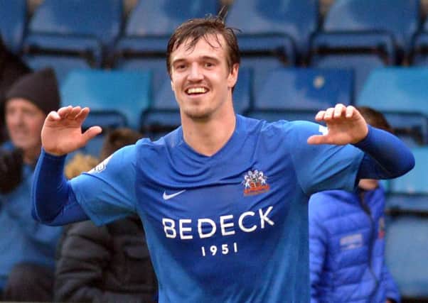 James Gray celebrating for Glenavon against Portstewart in the Irish Cup. Pic by PressEye Ltd.