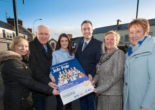 Pictured with the Minister as he announced plans for a Mid and East Antrim Job Fair on 2 February are (L-R): Julie Gorman, ICTU; John Allen, Unite the Union; Debbie Rea, Blaney; Mayor Cllr Audrey Wales MBE; and Joan Connolly,  Jobs & Benefits Office.