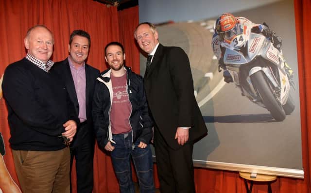 Alastair Seeley pictured at a special preview of the documentary 'Alastair Seeley- My NW200 Wins' by Colin Thompson in Helen's Bay with Mervyn Whyte, Vauxhall International NW200 Event Director, Gordon Hannen, Vauxhall and Paul McLean of Bet McLean, race sponsor.
PICTURE BY STEPHEN DAVISON