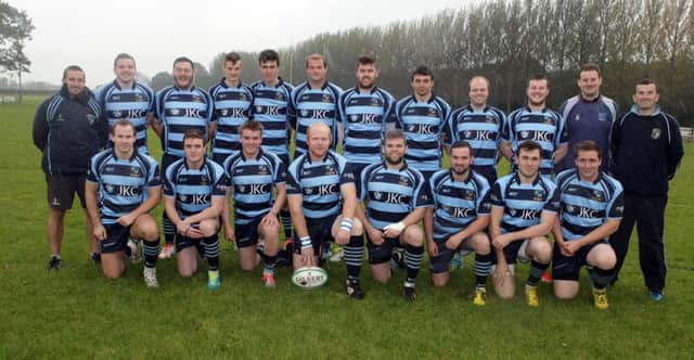 Ballymoney RFC 1st XV. Included are Coaches/Management, James Clelland, Johnny Hanna and Chris McIlmoyle.INBM37-16 004SC.