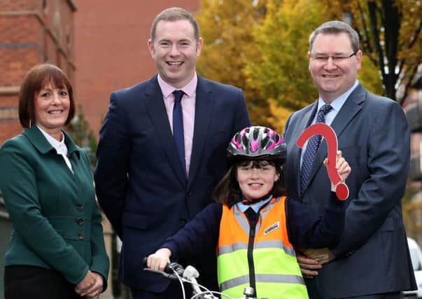 Final call for entries: NI Primary School Road Safety Quiz which was launched by Department for Infrastructure Minister Chris Hazzard and Megan McKeown. They are joined by Joan Kinnaird from event organisers Road Safe NI and Jonathan McKeown from sponsors CRASH Services.