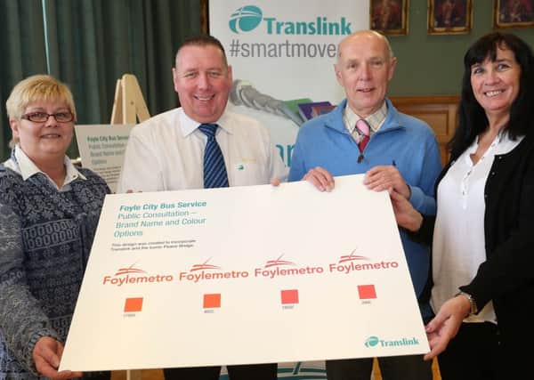 Pictured at the consultation in The Guildhall are, Councillor Angela Dobbins, Raymond Edwards, Translink Inspector, Michael Joyce and Lorraine Tully, RNIB (Lorcan Doherty / Presseye.com)