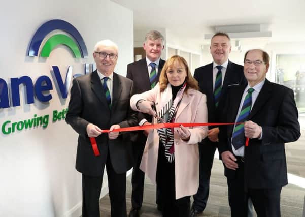 Cutting the ribbon on new facility in Moira: Patrick Savage, Fane Valley vice chairman, William Anderson, Fane Valley board member, Minister Michelle McIlveen MLA, Trevor Lockhart, Fane Valley chief executive and William McConnell,  Fane Valley chairman.