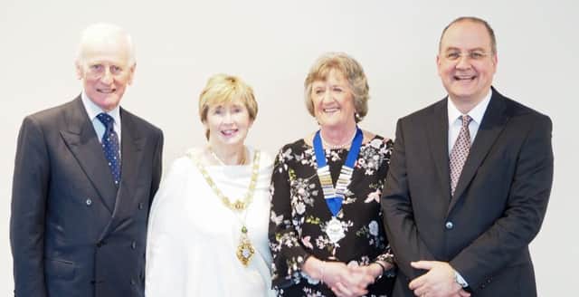 The Lord Lieutenant of County Londonderry Denis Desmond CBE, The Mayor of Causeway Coast and Glens Alderman Maura Hickey
Jean Caulfield M.B.E High Sheriff County Londonderry 2017, Damian Heron outgoing High Sheriff.