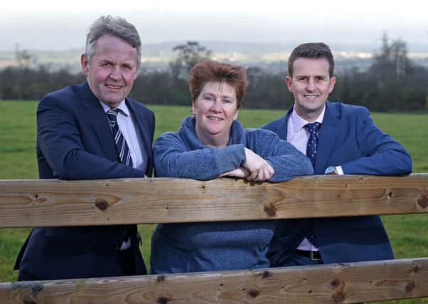 Bank of Ireland Open Farm Weekend Chairman Barclay Bell and Bank of Ireland UK Head of Agriculture NI William Thompson welcome Linda Davis, Laurelview Farm, on board as BOIOFW Farm Mentor.