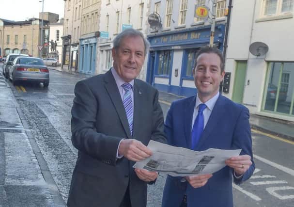 Cllr Uel Mackin and Communities Minister Paul Givan announce the new Â£3.7 million public realm project for Lisburn city centre. Photo by Simon Graham, Harrison Photography