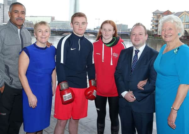 Daley Thompson,  Eilish Rutherford (Chair of the trust), Brett McGinity (boxer), Danielle Hill, Alyn Spratt (Bluefin Sport) and Dame Mary Peters.
Pic by Jonathan Porter/Press Eye