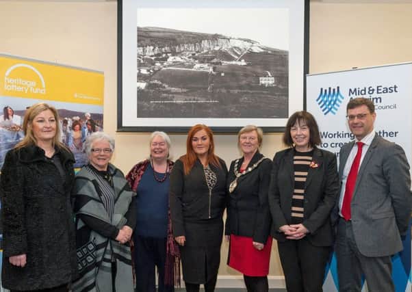 Irene O'Neill, Carnlough Community Association; Mary Watson, Secretary Carnlough Community Association; Patricia McConnell, Chair of Carnlough Community Association; Anne Donaghy, Chief Executive MEA Council; Audrey Wales,  Mayor MEA Council; Anna Carragher, Chair of Northern Ireland Committee, Heritage Lottery Fund; and Philip Thompson, Director MEA Council.