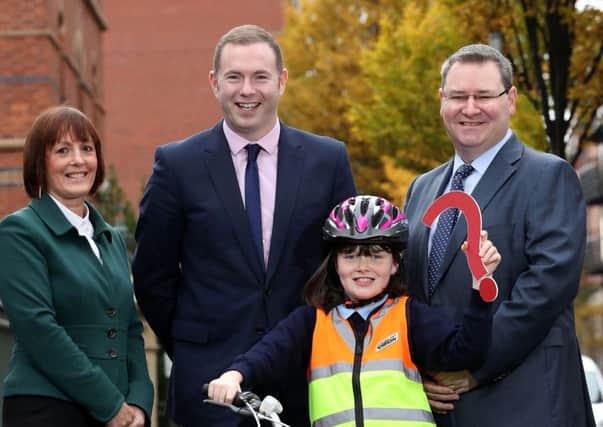 Final call for entries: NI Primary School Road Safety Quiz which was launched by Department for Infrastructure Minister Chris Hazzard and Megan McKeown. They are joined by Joan Kinnaird from event organisers Road Safe NI and Jonathan McKeown from sponsors CRASH Services.