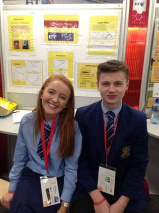Loreto College Year 12 students Sian Donaghy and Donal Close, who received a Special BT Award for Best Project from Northern Ireland at the BT Young Scientist and Technology Exhibition.