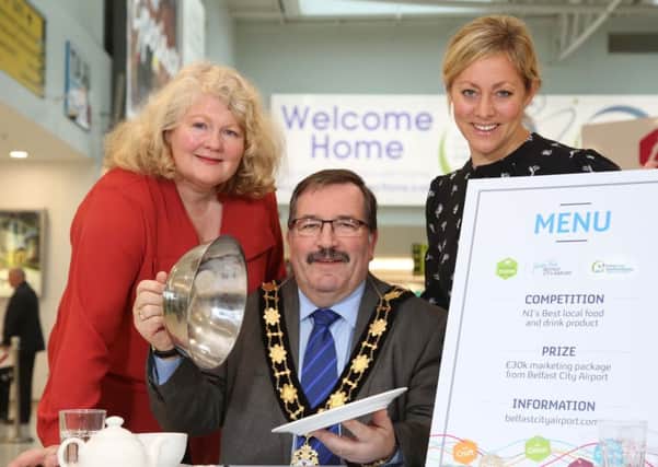 Michele Shirlow, CEO of Food NI, Cllr John Scott and Katy Best, Commercial and Marketing Director at George Best Belfast City Airport, pictured at the launch of the competition.