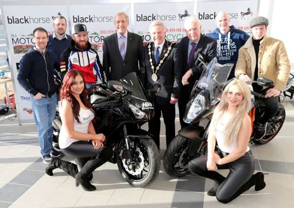 PACEMAKER, BELFAST, 12/1/2016: Mayor of Lisburn and Castlereigh, Cllr Brian Bloomfield and Cllr Uel Mackin pictured with top Ulster motorcycle racers Lee Johnston, Alastair Seeley, Andy Reid and Ryan Farquhar, promoters Billy and Marty Nutt and Black Horse girls Victoria Robb and Anoushka Black at the launch of the 2017 N.I. Motorcycle Festival which takes place in the Eikon centre on Feb 3-5.
PICTURE BY STEPHEN DAVISON