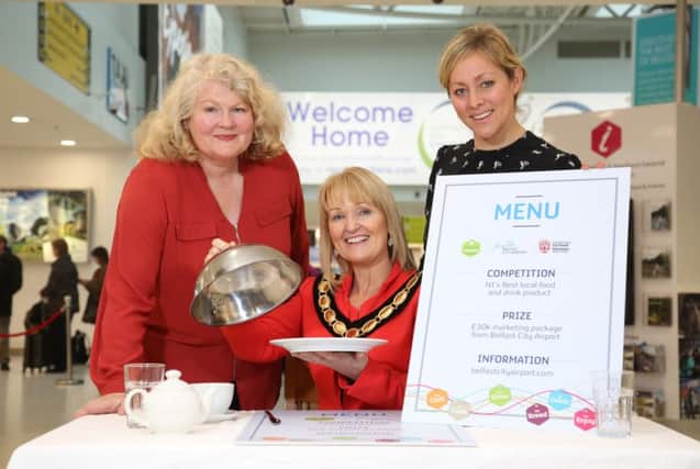 Food and drink producers based in the Mid Ulster area are invited to take part in the search for NI's 'Best' local food and drink product, a Belfast City Airport competition in partnership with Food NI. Michele Shirlow, CEO of Food NI, is pictured with Councillor Sharon McAleer, Vice Chair of Mid Ulster District Council, and Katy Best, Commercial and Marketing Director at Belfast City Airport.