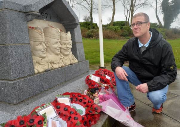 David McCaughey (cousin of Dougald McCaughey) at the monument for the three Scottish soldiers murdered in the IRA honeytrap attack in 1971.
Pic Colm Lenaghan/Pacemaker