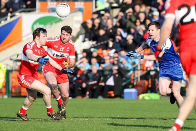 Derry's Neil Forester sets up an Oak Leaf attack against Monaghan at the Athletic Grounds. 

(Picture: Philip Magowan / PressEye)