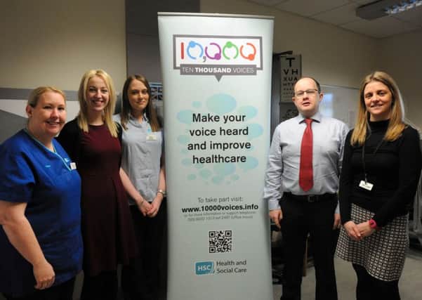 Pictured from left to right are: Stephanie Johnston, Lead Nurse Ophthalmology; Catriona Doherty, Eye Care Liaison Officer RNIB; Kylie Adams, Reception Ophthalmology; Richard Gilmore, Head of Optometry and Lisa Wallace, Optometrist.