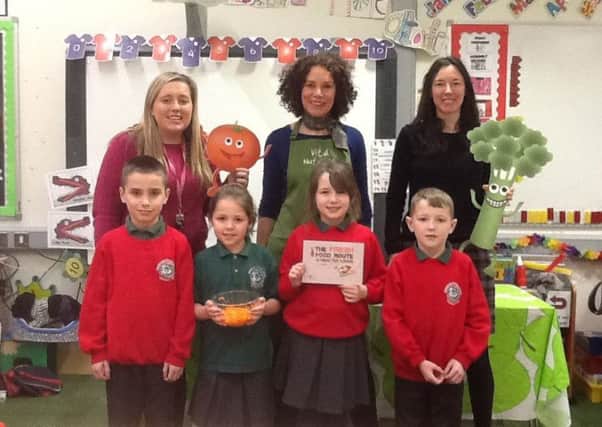 BACK ROW L-R: Ms Claire McIntosh, P3 teacher; Jane McClenaghan, Director Vital Nutrition; Dr Janice McConnell, Antrim and Newtownabbey Borough Council
FRONT ROW: P4 pupils from Whitehouse Primary School who participated in the Healthy Eating Workshop