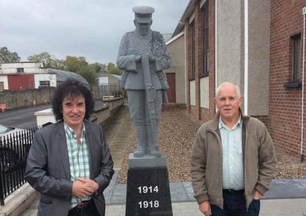 David Watters Vice Chairman of Tobermore War Memorial Committee pictured alongside Danny Gallagher healer at the War Memorial  which recognise the service of both his father and uncle  in WW1.
Danny said: "I would like to thank David Watters, Tobermore Maghera and Mr Spears for engraving my late father and his brother's name on the War Memorial . My late father was Michael Gallagher and his brother was Eddie Gallagher from Blackhill  Draperstown  were both  machine Gunners in the war they both survived the war."