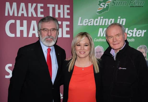 Gerry Adams, Michelle O'Neill and Martin McGuinness in Clonoe