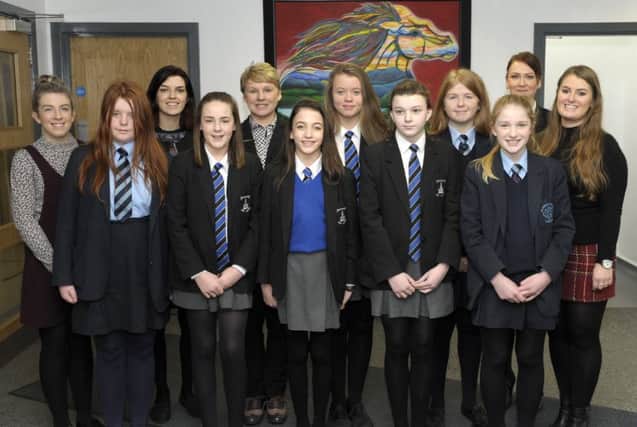 Pupils from St Patrick's College and Banbridge High School who delivered a presentation on languages at the Shared Education Languages Day in St Patrick's College are pictured with Grace McMurray (NICILT) and Louisa Gibson (School of Social Science Education and Social Work in Queens University), BHS Teachers Diane Smylie and Judith Denver and St Patrick's Teacher Stefanie Smyth Â©Edward Byrne Photography INBL1705-209EB