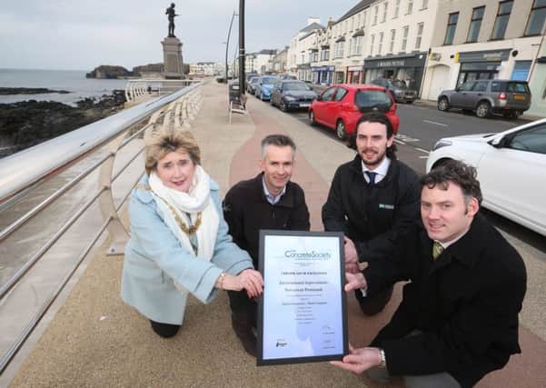 Pictured with the Certificate of Excellence for Environmental Improvements at Portstewart Promenade are Sam Mc Elroy fromRTU, The Mayor of Causeway Coast and Glens Borough Council, Alderman Maura Hickey, Gavin Morgan, from Edmond Shipway Consultants and Niall Mc Govern, from GEDA Construction. PICTURE KEVIN MCAULEY/MCAULEY MULTIMEDIA/CCGBC