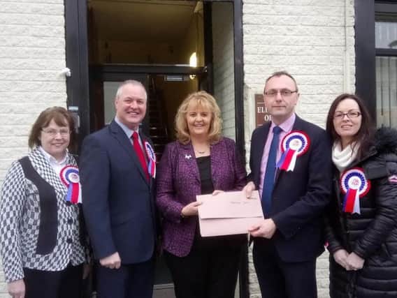 From left, Cllr Anne Forde, Cllr Paul McLean, Deputy Returning Officer Rae Kirk, Keith Buchanan (DUP candidate for Mid Ulster), Sandra Buchanan (Keiths wife)