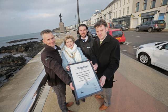 Pictured with the Certificate of Excellence for Environmental Improvements at Portstewart Promenade are Sam Mc Elroy fromRTU, The Mayor of Causeway Coast and Glens Borough Council, Alderman Maura Hickey, Gavin Morgan, from Edmond Shipway Consultants and Niall Mc Govern, from GEDA Construction.PICTURE KEVIN MCAULEY/MCAULEY MULTIMEDIA/CCGBC