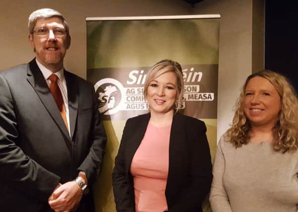 Sinn Fein northern leader Michelle O'Neill with party colleagues John O'Dowd and Nuala Toman who are standing in the Upper Bann constituency in the forthcoming Assembly election