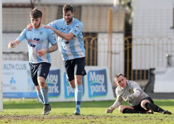 Ballymena United's goal-scorers Cathair Friel and Johnny McMurray. 
Photograph by Declan Roughan