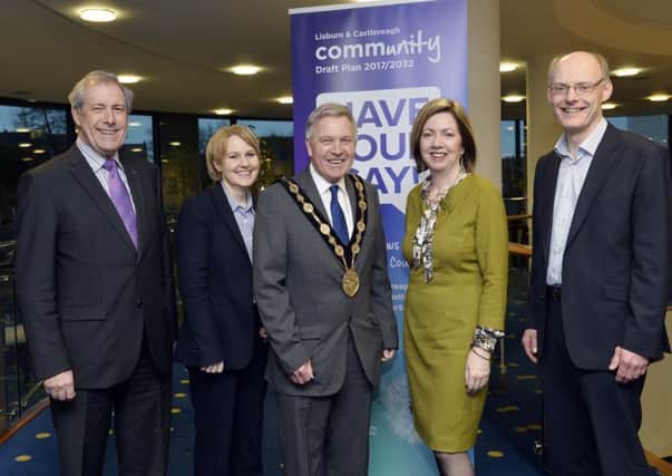 Pictured at the recent city centre stakeholders meeting are: (l-r) Councillor Uel Mackin, Chairman of the council's Development Committee; Lisa Blevins, Easons Lisburn; Mayor Brian Bloomfield MBE; Dr Theresa Donaldson, Chief Executive of Lisburn & Castlereagh City Council and Colin Patterson, Smyth Patterson.