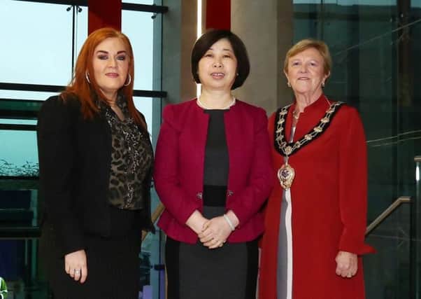 Madam Wang Shuying, Consul General of the Peoples Republic of China, is welcomed to Mid and East Antrim Borough by the Mayor, Councillor Audrey Wales MBE, to not only mark Chinese New Year - the Year of the Rooster  but also to allow Council to underline that its number one strategic priority is Growing the Economy by showcasing the area as not only an outstanding location to live and work in, but also as an attractive investment location for Foreign Direct Investment for Chinese businesses and others.
Also pictured is Anne Donaghy, Mid and East Antrim Borough Council Chief Executive