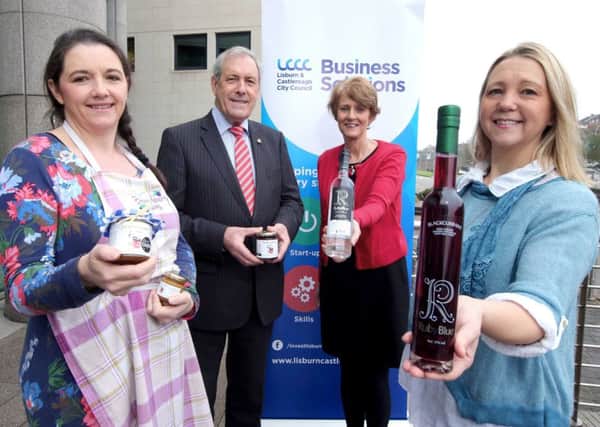 Celebrating the success of the council's Food & Drink Programme are (l-r) Alice McIlhagga, Brambleberry Jams; Councillor Uel Mackin, Chairman of the council's Development Committee; Deirdre Fitzpatrick, Deirdre Fitzpatrick Associates and Barbara Hughes, Hughes Craft Distillery.
