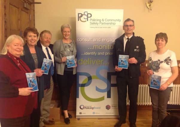 Pictured at the launch event of the Text Alert scheme are Neighbourhood Watch Co-ordinators Mary Watson, Mary Magill, Cllr Robert Logan and Bridget Milliken along with Insp Martin Ruddy and Sgt Helen Hargy from Mid and East Antrim PSNI.