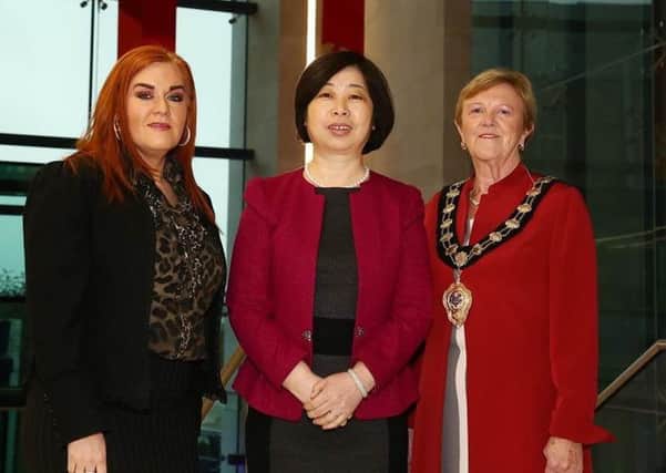 Madam Wang Shuying, Consul General of the Peoples Republic of China, is welcomed to Mid and East Antrim Borough by the Mayor, Councillor Audrey Wales MBE and Anne Donaghy, Mid and East Antrim Borough Council Chief Executive.