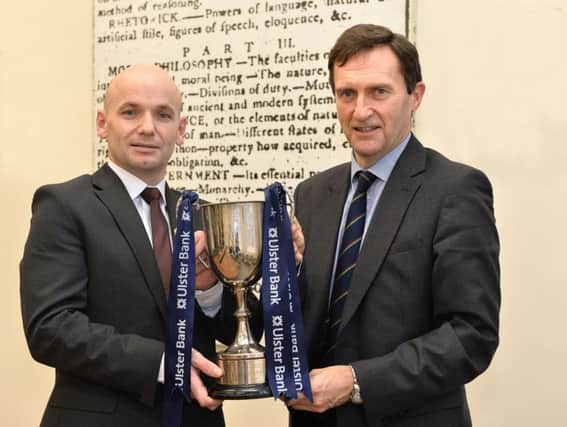 The Ulster Bank Schools Cup draw was made by Sean Murphy
of Ulster Bank (left) and Peter McMorran, President of the Northern Cricket Union.