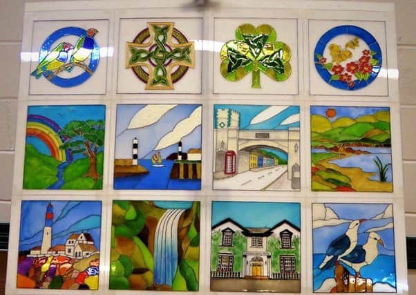 The glass panel which will be unveiled at Carnlough Librrary on February 14.