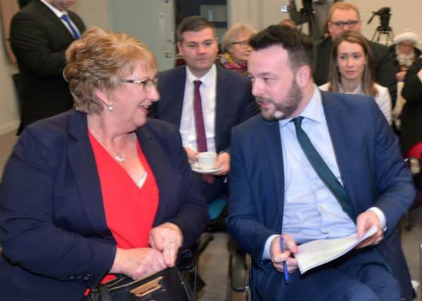 Upper Bann SDLP candidate in the Assembly election, Dolores Kelly pictured with party leader Colm Eastwood at the launch of the SDLP election campaign at Oxford Island Discovery Centre on Monday morning. INLM06-209.