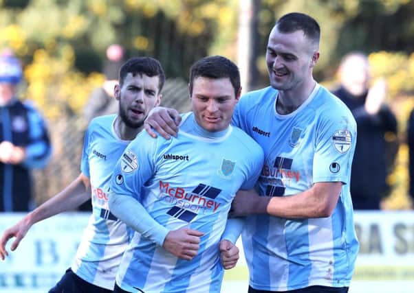 Ballymena's  Kevin Brannagh equalises against Harland & Wolf Welders to make it 1-1 and take the game into extra time.