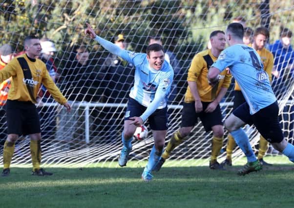 Ballymena United's Kevin Braniff equalises against Harland & Wolf Welders on Saturday. Picture by Declan Roughan