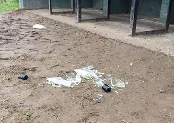 Broken bottles lying in the dugout area beside the football pitch at Ferris Park. Pic courtesy of PJ McFarland