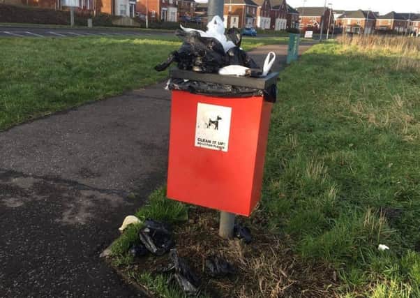 An overflowing dog waste bin on Larne's Ballyhampton Road, with bags of waste on the llid and on the ground beside it. INLT-07-701-con
