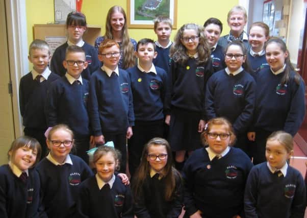 Kilross PS pupils with author Claire Savage and principal, Mrs Crossett