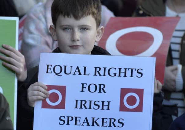 Young Irish speaker at the 'Civil Rights for Irish Speakers' Irish Language demonstration outside Culturlann Ui Chanain, Great James Street, on Wednesday afternoon. The protest was one of a number of demonstrations held in response to the DUP leader Arlene Fosters Irish language act comment.  DER0617GS007
