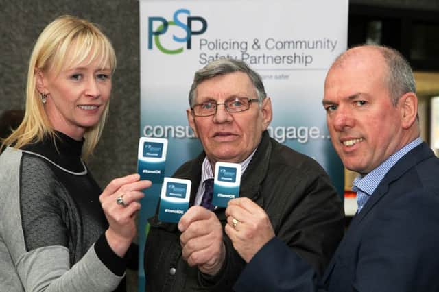 Councillor Gus Hastings, chairman, launching the new Policing and Community Safety Partnership Its not Ok campaign for schools, along with Dermot Harrigan, manager,  and Vanessa Russell, PSCP officer. INLS 07-791-CON