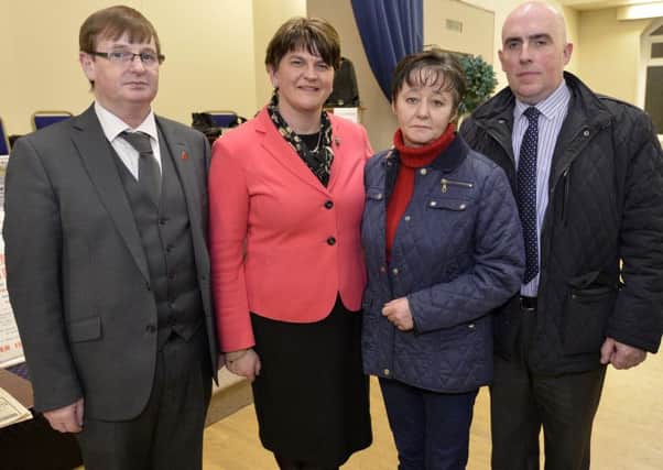DUP leader Arlene Foster pictured with victims campaigner William Frazer , Michelle Williamson (whose parents were killed in the 1993 Shankill Road bomb) and Pastor Barry Halliday at the victims rally in Carleton Street Orange Hall, Portadown on 8 February 2017. Photograph by Presseye/Stephen Hamilton